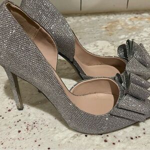 Elegant Silver Glitter Tweed d’Orsay Heels with Bow